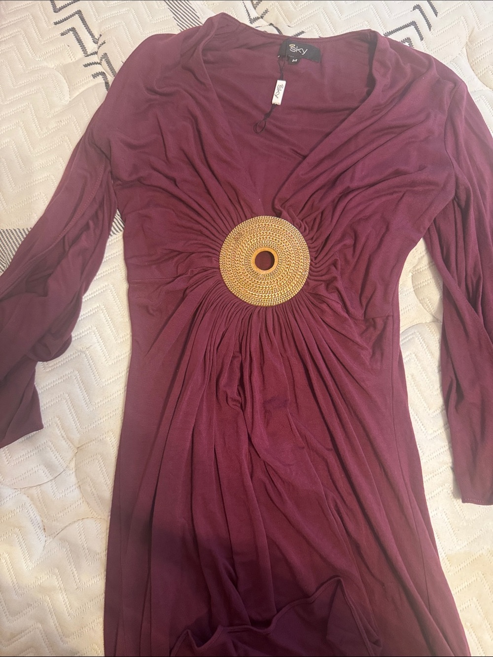 Sky Long Sleeve Burgundy Dress with Gold Decorative Medallion